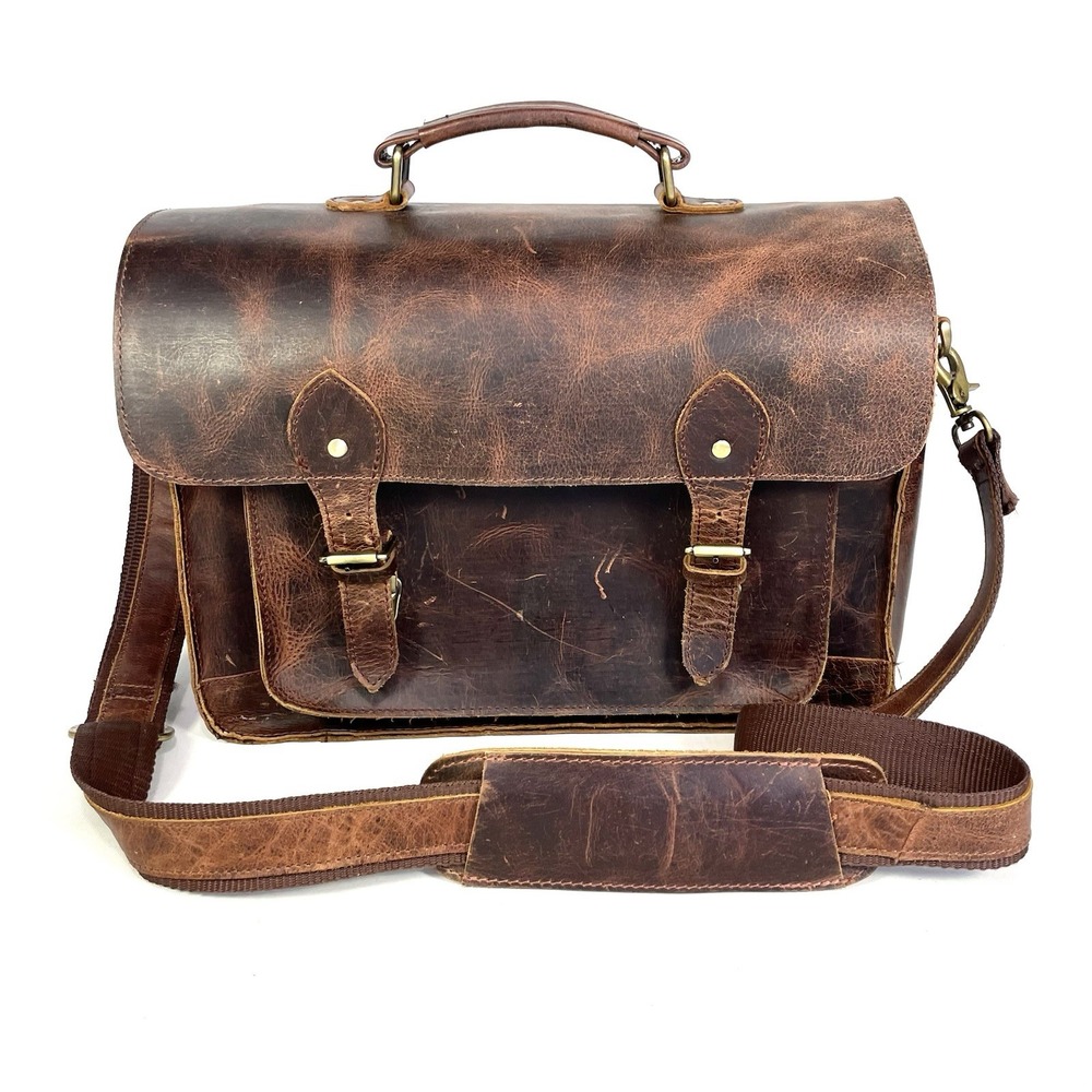 Purple Relic Distressed Brown Leather DSLR Camera Laptop Messenger Bag 15"